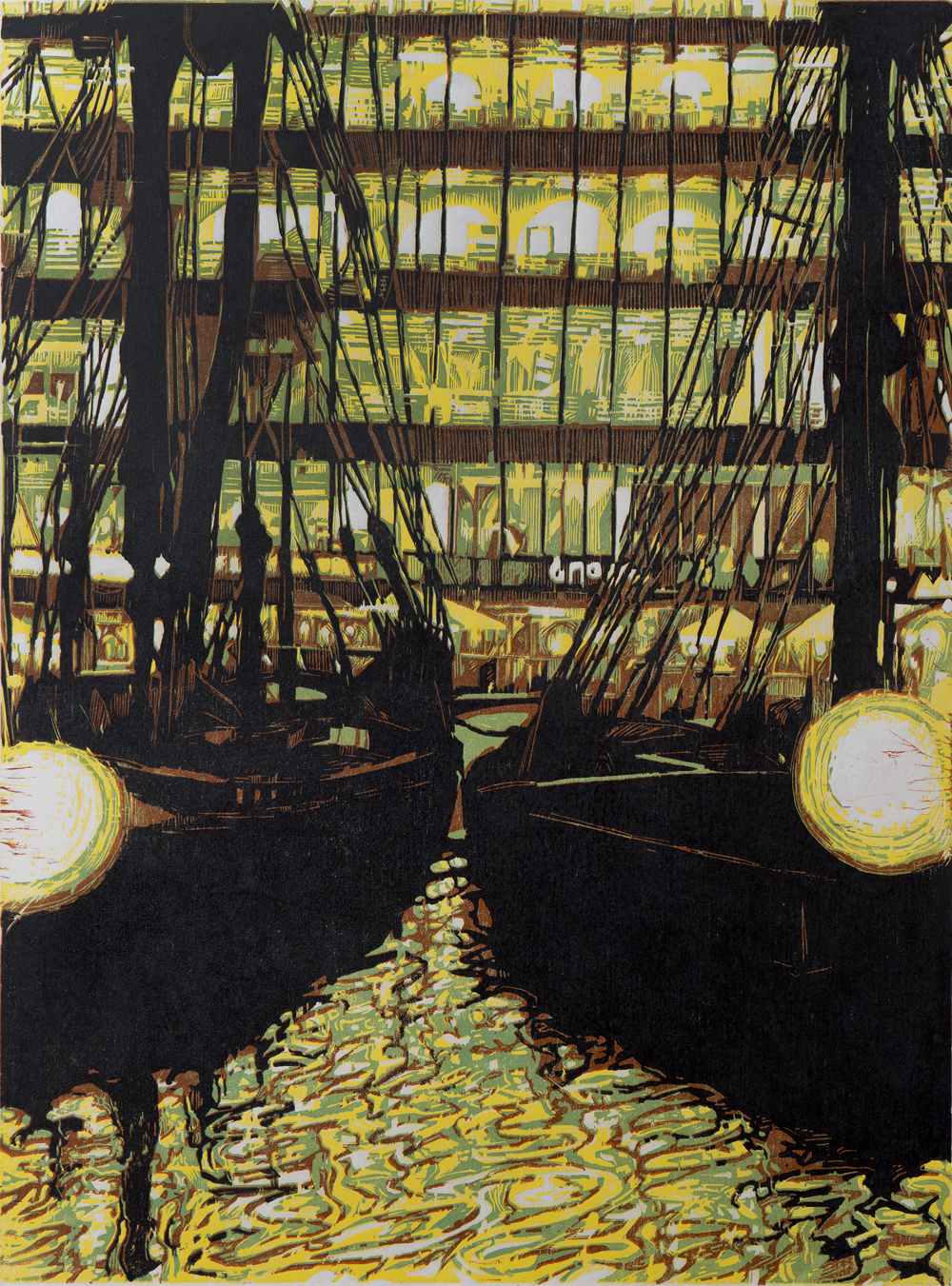 Pascale Hemery - St Katharine docks in the City - Xylogravure imprimée en quatre couleurs sur papier japon - 15 ex - 60 x 80 cm - 2013